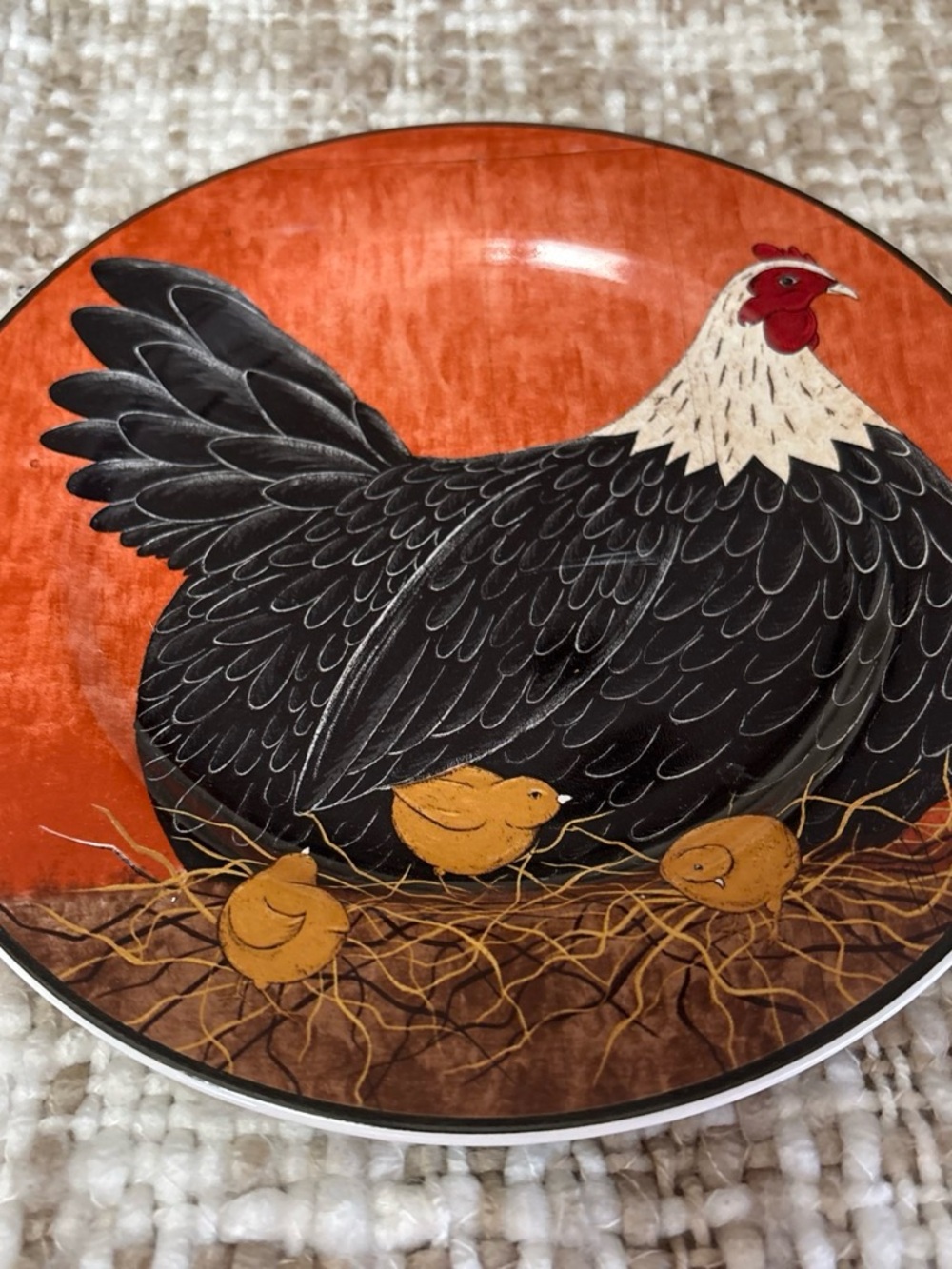 Hand-Painted Hen and Chicks Ceramic Plate in Orange and Black